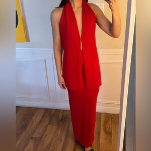 Pull&Bear Red Multi-way Knit Top and Maxi Skirt Set